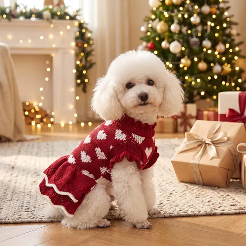 Vista 3 de Suéteres para Perros Pequeños para Niñas Rojos de Invierno, Ropa Cálida para Perros, Vestido de Navidad para Perros, Traje de Día, Ropa