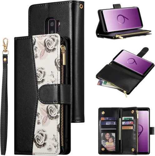Vista 9 de UEEBAI Funda tipo cartera para Samsung Galaxy S9 Plus, funda de piel sintética, cierre magnético, bolsillo con cremallera, ranuras para tarjetas