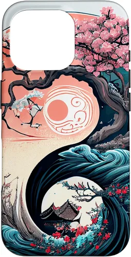 Vista 19 de Funda para iPhone 11 Pro Max Yin Yang Cherry Blossom Bonsái y Great Wave