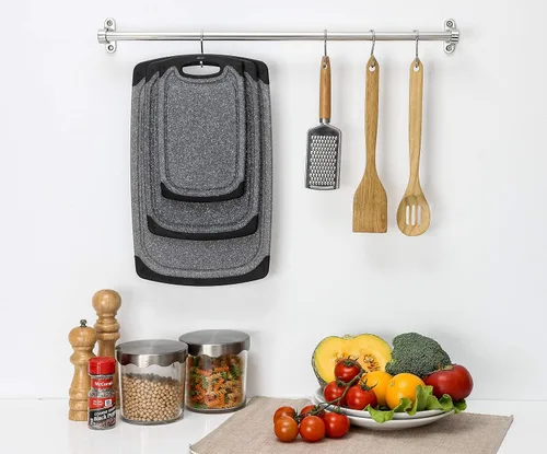 Vista 6 de Home & Kitchen Essentials Juego de tablas de cortar de 3 piezas. Reversible, mármol granito gris, sin BPA, apto para lavavajillas, mango de fácil