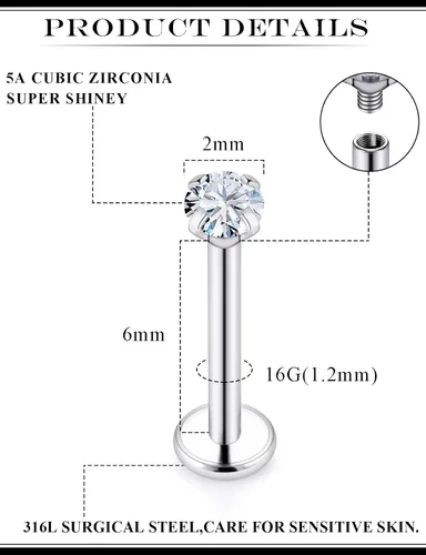 Vista 2 de 16G Aretes de hilo interno de parte trasera plana, aretes de nariz de acero quirúrgico 316L, anillo de labio Medusa, anillo de labio Monroe, arete