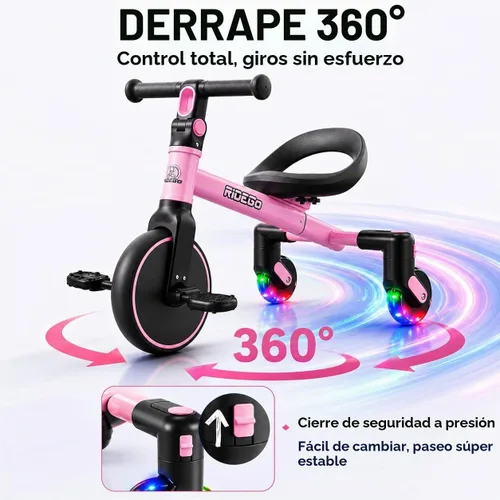 Vista 3 de Ridego Triciclo 3 en 1 para niños de 2 a 5 años, modos de caminante, pedal Rosa