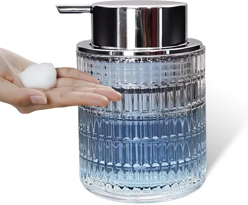 Vista 12 de Dispensadores de jabón espumoso de mano de vidrio con bomba plateada, dispensador de jabón de manos recargable para baño y cocina (1 paquete-D881)
