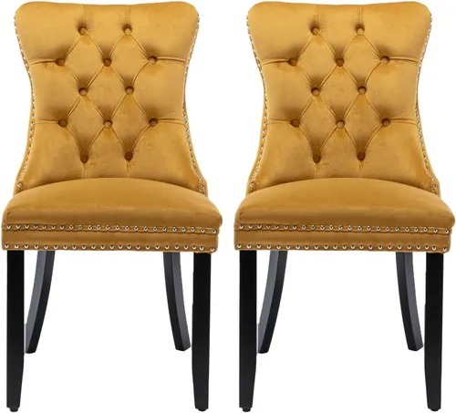 Vista 15 de Juego de 2 sillas de comedor con respaldo de ala de terciopelo copetudo, sillas laterales tapizadas, patas de madera maciza (beige)