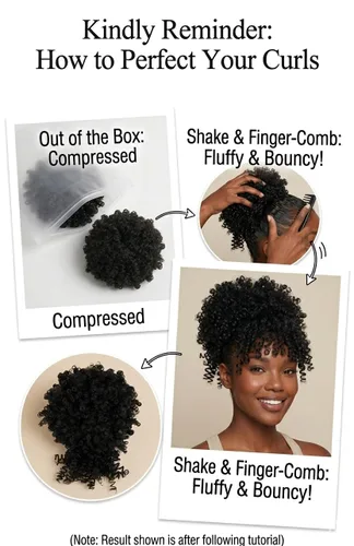 Vista 9 de Cola de caballo con cordón para mujeres negras Afro Puff Cola de caballo con cordón con flequillo Cola de caballo corta crespa y rizada Moño cola