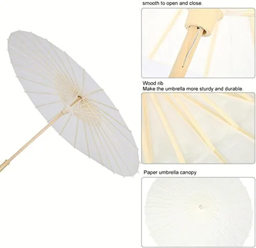 Vista 2 de Paraguas de papel con mango de madera, paraguas a granel para decoración de bodas, 32 pulgadas, paquete de 10