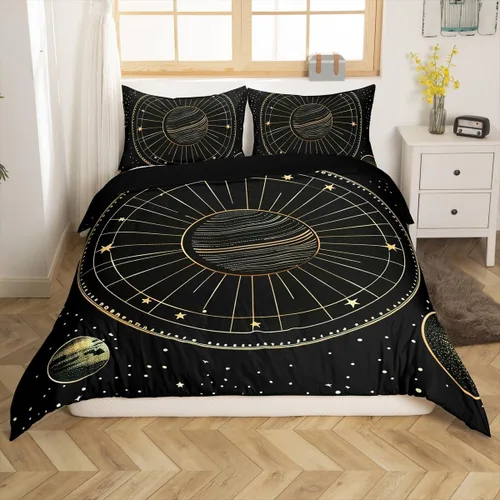 Vista 3 de Funda de edredón del espacio exterior, juego de ropa de cama bohemio para niños, funda de edredón de constelación de planeta para decoración de Negro