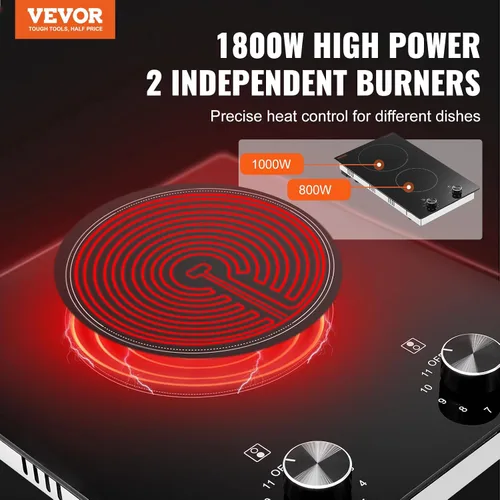 Vista 2 de VEVOR Placa de cocina eléctrica, estufa eléctrica incorporada, con panel de vidrio, control de perilla, 11 niveles de calor, para diversos