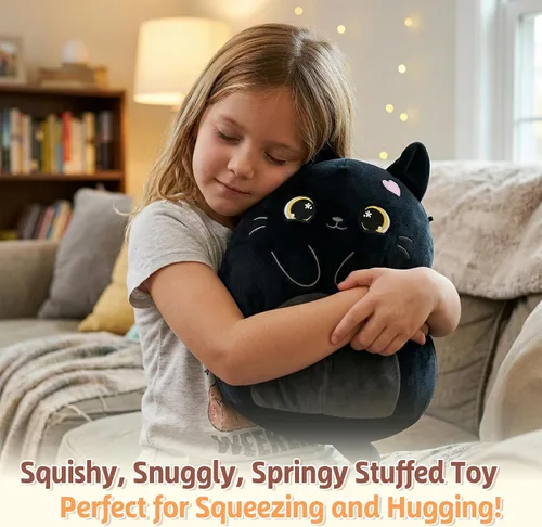 Vista 3 de PEACH CAT Animal de peluche original de gato negro de 12 pulgadas, lindo gatito de peluche, juguetes de peluche suaves, regalos para niños