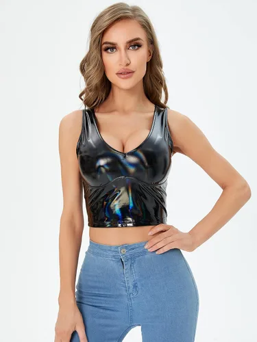 Vista 4 de Floerns Camiseta corta sin mangas de piel sintética con cuello en V para mujer