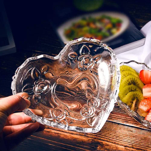 Vista 5 de Tazón de vidrio transparente en forma de corazón, recipiente para platos de frutas, vajilla, ideal para cocina, restaurante, cafetería, tienda