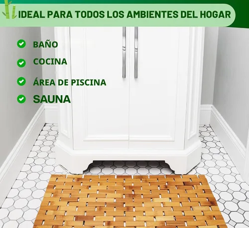 Vista 4 de Tapete de baño de madera de bambú natural, accesorios de cocina, tapete de baño bohemio (24 x 16 pulgadas)