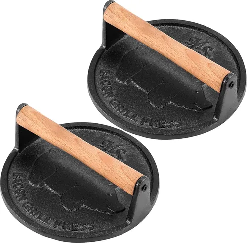 Vista 7 de Paquete de 2 prensas de hierro fundido negro, redondas de 7 x 7 pulgadas y 8 x 4 pulgadas, prensa rectangular de tocino pesado con mango de madera