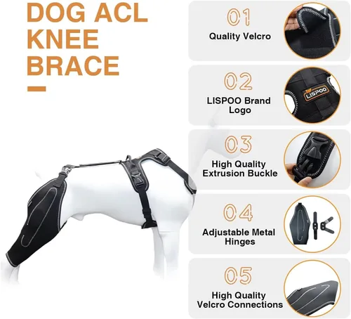 Vista 3 de Rodillera para perro para pierna trasera desgarrada ACL/CCL, soporte ajustable con suficiente envoltura y soporte y rótula luxante, soporte