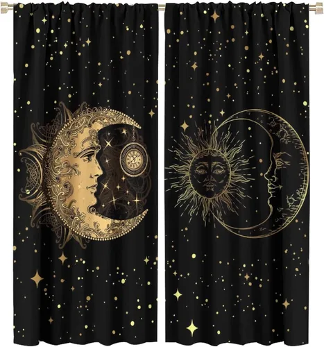 Vista 69 de Cortinas opacas con diseño de sol y luna, cuerpos celestes bohemios, con diseño de sol, luna y estrellas, para sala de estar, dormitorio, 42 x 45