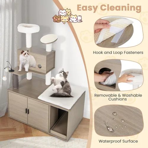 Vista 6 de Tangkula Árbol para gatos con caja de arena, torre para gatos con caja de arena, condominio para gatos, tabla de rascar, perca de felpa suave, bolas