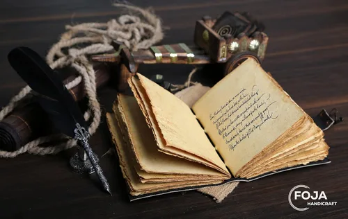 Vista 5 de Sun & Moon - Diario vintage de cuero para hombres y mujeres, 200 páginas de papel vintage antiguo hecho a mano, cuaderno de bocetos de cuero, diario