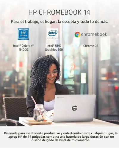 Vista 2 de HP Chromebook 14 Laptop, procesador Intel Celeron N4000, 4 GB de RAM, 32 GB eMMC, pantalla HD de 14", Chrome, computadora ligera con cámara web