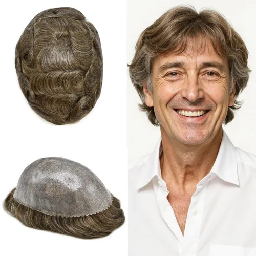 Vista 254 de Toupee para hombre 100% cabello humano real tupé para hombres 0.004 in piel de poliuretano para hombre, sistema de reemplazo de piezas de pelo