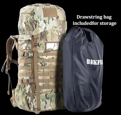 Vista 7 de Mochila táctica 75L con marco interno, MOLLE y sistema de hidratación En Camo