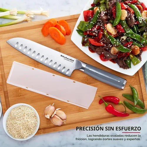 Vista 2 de KitchenAid Cuchillo Santoku forjado gourmet con cubierta de hoja de ajuste personalizado, cuchillo de cocina afilado, hoja de acero inoxidable Gris