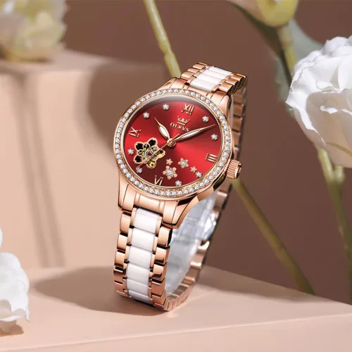 Vista 8 de OLEVS Relojes para mujer, reloj automático de lujo, correa de cerámica, oro rosa, reloj de pulsera para mujer