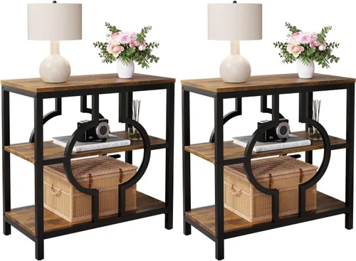 Vista 9 de Mesa auxiliar, mesa auxiliar estrecha con estantes de almacenamiento de 3 niveles, mesa auxiliar de sofá de madera con marco de metal geométrico