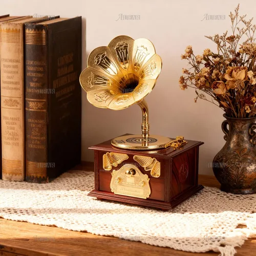 Vista 4 de AUEAR, Caja de música clásica de gramófono marrón para decoración de escritorio de mesa casera