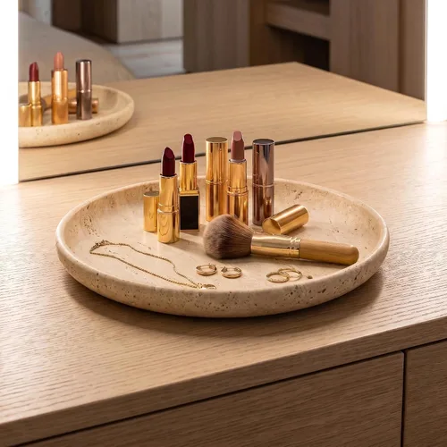 Vista 7 de YKAJO Beige Travertine Round Marble Tray, 10" Deep Dish Vanity Organizer