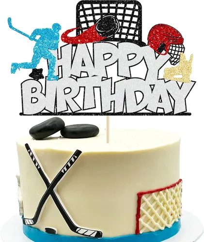 Vista 11 de Gyufise 24 adornos de hockey para cupcakes con purpurina negra, jugadores de hockey con purpurina, selecciones de cupcakes, hockey sobre hielo
