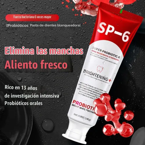 Vista 2 de SP-6 Pasta dental blanqueadora probiótica – Fórmula avanzada con 6 probióticos para blanqueamiento dental y salud de las encías, sin flúor, segura