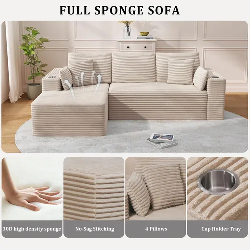 Vista 4 de Sofás deshuesados de 103 pulgadas para sala de estar, sofá en forma de L con diván, sofá modular modular sin montaje para dormitorio, apartamento