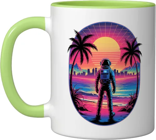 Vista 11 de Vaporwave Synthwave Astronaut Spaceman Science Space Ceramic Mug, Black/White, 11oz