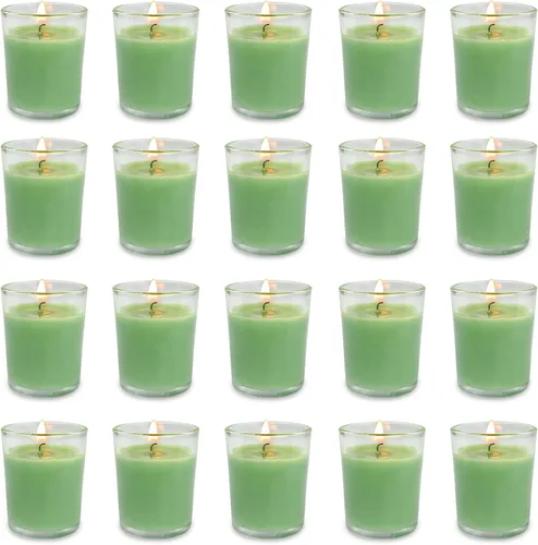 Vista 14 de Juego de 20 velas votivas blancas rellenas de vidrio transparente sin perfume de cera de soja para el hogar, spa, bodas, cumpleaños, vacaciones