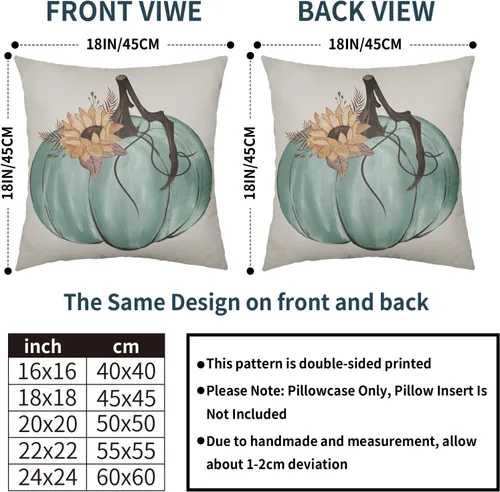 Vista 4 de Juego de 2 fundas de almohada de otoño de 16 x 16 pulgadas, color azul aguamarina, calabaza, girasol, cosecha, Acción de Gracias, para exteriores