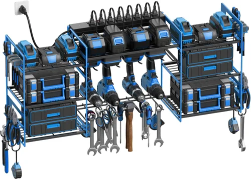 Vista 8 de CCCEI Organizador de herramientas eléctricas negro para montaje en pared, herramientas grandes y estante de almacenamiento de batería, estación
