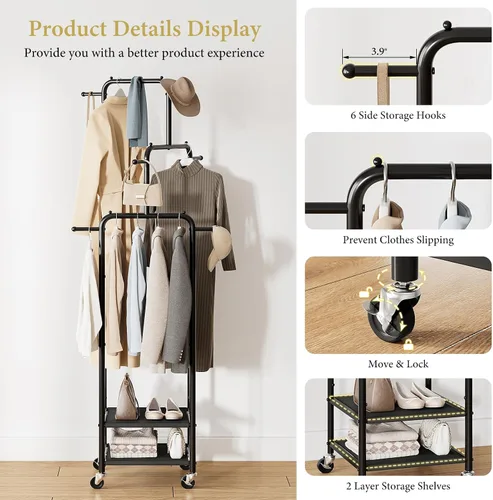 Vista 5 de Chrislley Pequeño Perchero de Ropa con Ruedas, Perchero Enrollable Portátil de 71" con 2 Estantes y 6 Ganchos, Perchero de Ropa de Metal Resistente
