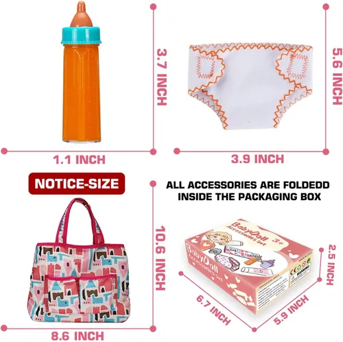 Vista 5 de Paquete de 14 accesorios para muñecas de bebé, juego de alimentación y cuidado de muñecas que incluye bolsa de pañales, pañales para muñecas
