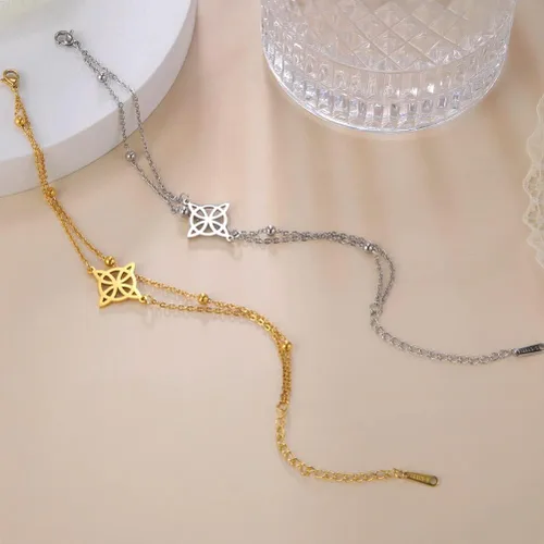 Vista 5 de Pulsera de nudo de brujas para mujer, de acero inoxidable, nudo celta con símbolo Wiccano, pulsera en capas, dije único, pulsera ajustable de doble