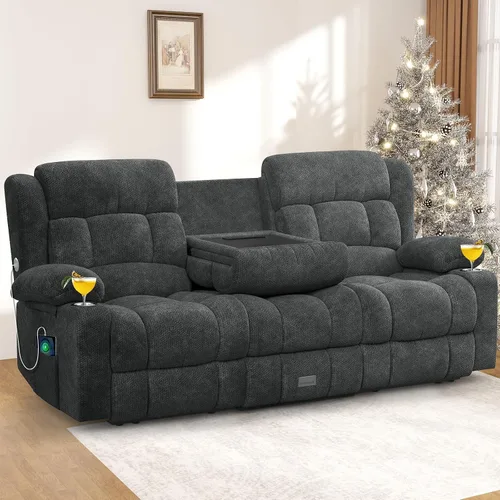 Vista 26 de Juego de sofá reclinable loveseat con 2+1 piezas, 2 plazas estilo minimalista reclinable manual con tirador, loveseat con puertos de carga USB