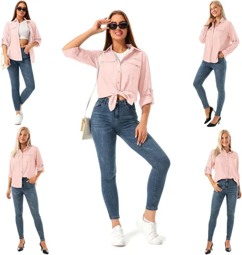 Vista 7 de Camisas de safari para mujer, manga larga, protección solar al aire libre, secado rápido, pesca, senderismo