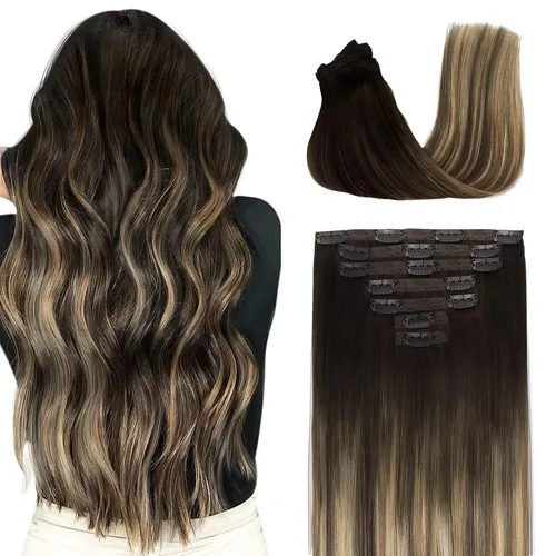 Vista 10 de Extensiones de cabello humano real con clip, extensiones de cabello humano real sin costuras, extensiones de cabello humano real de 16 pulgadas