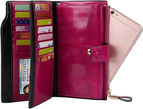 Vista 25 de Cartera plegable de cuero de gran capacidad con bloqueo RFID para mujer