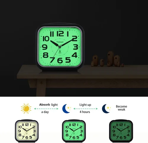 Vista 2 de Tinload Reloj despertador analógico grande de 5.5 pulgadas, silencioso, sin tictac, esfera que brilla en la oscuridad, despertador suave, sonidos