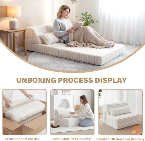 Vista 9 de Tiita Sofá Cama Plegable - Silla Reclinable Convertible de 4 Pliegues con Funda de Pana y Almohada Rectangular, Colchón de Sofá de Suelo para beige