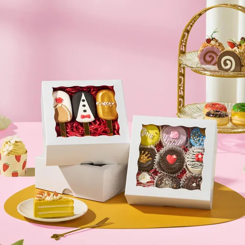 Vista 4 de 20 piezas cajas de panadería elegantes de 6 x 6 x 2.5 pulgadas con ventana, ideales para galletas, fresas cubiertas de chocolate, pasteles