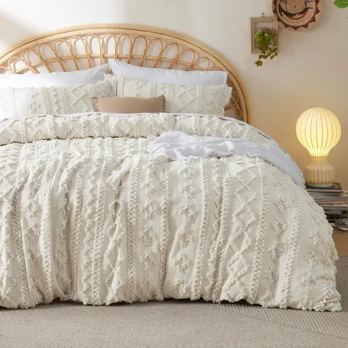 Vista 27 de Bedsure Funda de edredón bohemia tamaño matrimonial, bordado copetudo, 3 04 - Blanco - Elegante (sin edredón)