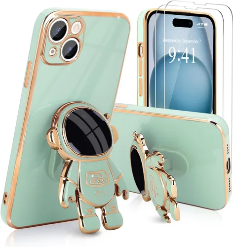 Vista 35 de Pepmune - Funda para iPhone 15 con soporte de astronauta 3D, color negro [2 Screen Protector], Luxury Electroplated Soft TPU Cover with Kickstand