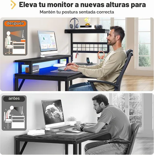 Vista 4 de EnHomee - Escritorio para juegos de 40 pulgadas con luces LED y tomas de Negro