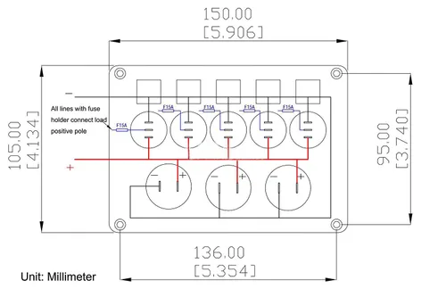 Vista 8 de Panel de Interruptores Basculantes Marinos de Barco de 5 Posiciones Azul Mejorado con Disyuntores, Panel de Interruptores Impermeable con Fusible